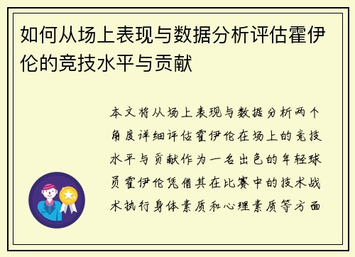 如何从场上表现与数据分析评估霍伊伦的竞技水平与贡献