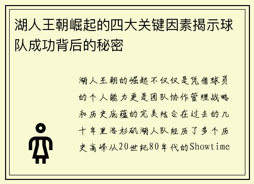 湖人王朝崛起的四大关键因素揭示球队成功背后的秘密 湖人王朝崛起的四大关键因素揭示球队成功背后的秘密