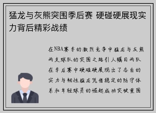 猛龙与灰熊突围季后赛 硬碰硬展现实力背后精彩战绩